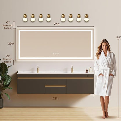 72x30 LED Bathroom Mirror with Anti-Fog, Backlit & Front Lit, Memory | Stepless Dimmable 3 Color CRI 95+ Shatterproof Tempered Glass ETL Listed for Safety Lighted Bathroom Vanity Mirror for Wall