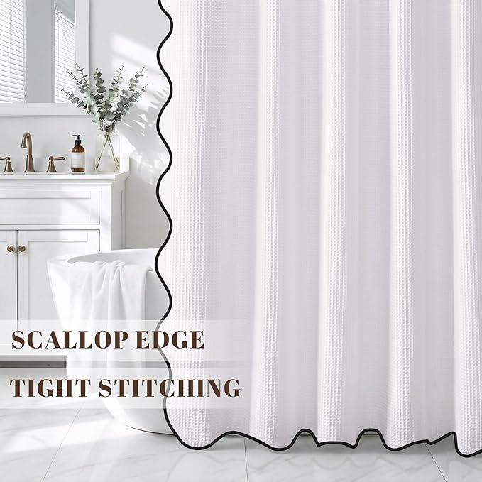 Extral Long Shower Curtains for Bathroom Waffle Scalloped Shower Curtain White Cotton 72''W × 84''L