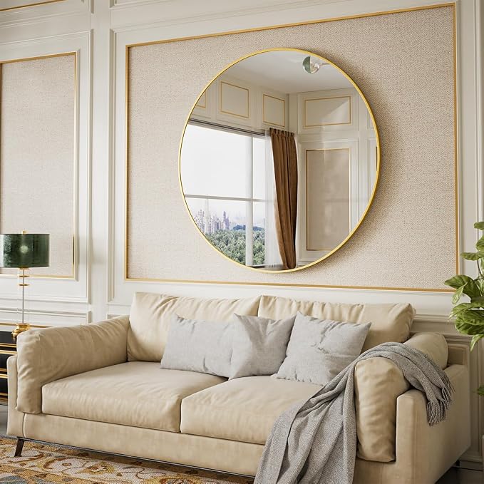 BEAUTYPEAK 42 Inch Round Mirror, Metal Frame Circle Mirror, Gold | Wall Mounted for Entryway, Bathroom, Vanity, Living Room