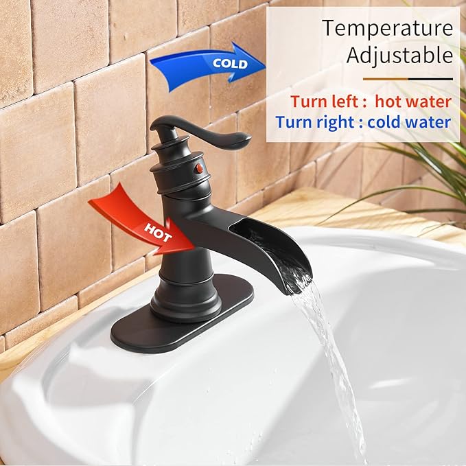 BWE Waterfall Bathroom Faucet Matte Black Bathroom Sink Faucet with Pop Up Drain Single Handle Deck Plate for 1 or 3 Hole Vanity Farmhouse Mixer Tap Fits All States, California 1.2 GPM Standard