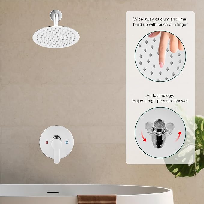 Heyalan 8-Inch Round Rain Shower Faucet Set with Valve,Polished Chrome | SUS304 stainless steel shower head, brass rough-in valve, single-handle control, 1.8 GPM, ideal for bathroom remodels