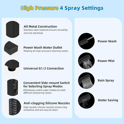 Hibbent All Metal cUPC Certified Shower Head, 12'' High Pressure Rainfall Showerhead Combo, Handheld Shower Wand, 12'' Adjustable Extension Arm, 4-Spray, 71'' Hose, Brass Shower Holder, Matte Black