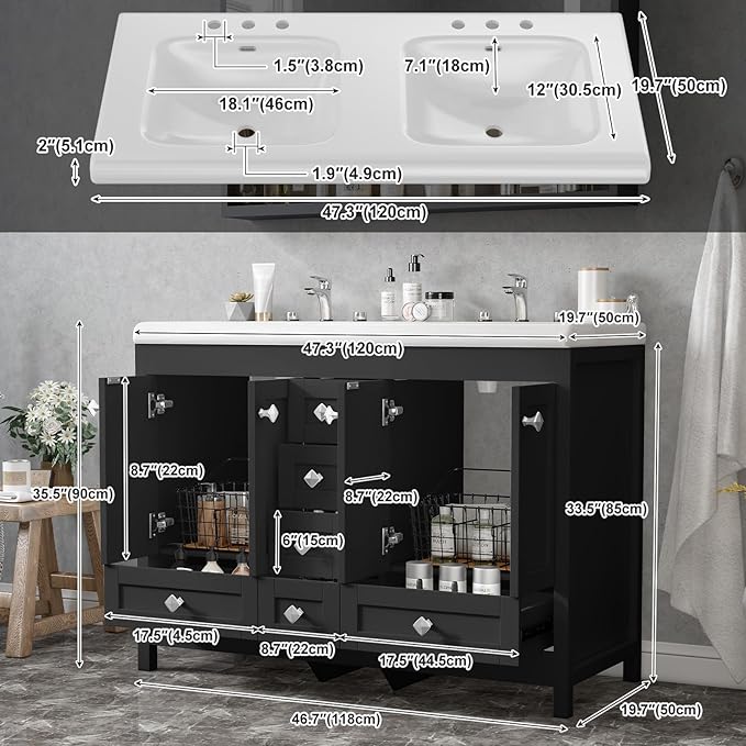 48" Bathroom Vanities with Sink Combo, Modern Double Bathroom Vanity with 4 Doors & 5 Drawers, Freestanding White Bathroom Cabinet with Double Ceramic Sink, Black