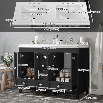48" Bathroom Vanities with Sink Combo, Modern Double Bathroom Vanity with 4 Doors & 5 Drawers, Freestanding White Bathroom Cabinet with Double Ceramic Sink, Black