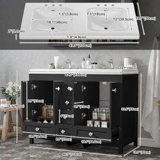 48" Bathroom Vanities with Sink Combo, Modern Double Bathroom Vanity with 4 Doors & 5 Drawers, Freestanding White Bathroom Cabinet with Double Ceramic Sink, Black