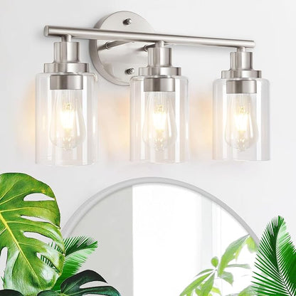 Vanity Wall Light Fixtures, Modern 3 Lights Wall Sconce with Clear Glass Shade, Brushed Nickel Farmhouse Wall Lamp for Bathroom Mirror Kitchen Porch Living Room Workshop (E26 Base) | Modern Wall Sconce with Clear Glass Shade, Brushed Nickel Farmhouse W...