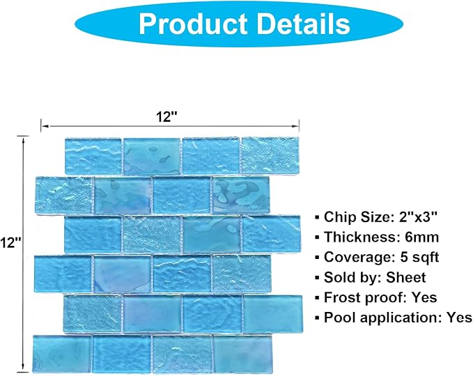 LSDECO 5 Sheets Glass Tile Mosaic Tiles Pool Tile Backsplash for Kitchen Bathroom Shower Tile ((Aquamarine, 5 Sq.Ft)