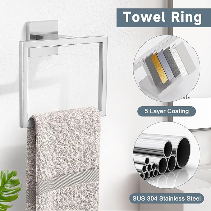 Brushed 5-Piece Bathroom Hardware Accessories Set-Towel Bar & Holder Racks for Bathroom,SUS304 Stainless Steel,Wall Mounted,23.6-Inch