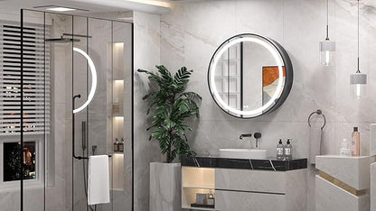 Keonjinn 28 Inch Round Lighted Medicine Cabinet, Black LED Medicine Cabinet Mirror, Circle, Electrical Outlet, 3 Color Lights, Anti-Fog, Dimmable, Surface Mount Only