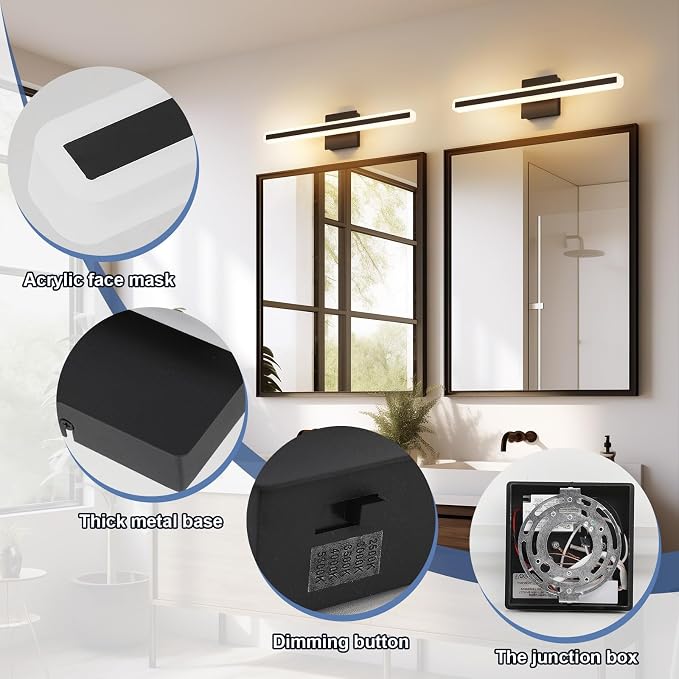 24 inch Black Bathroom Light Fixture 5 Color Temperature Dimmable LED Vanity Lights Bathroom Vanity Lights Over Mirror Light Bar Vanity Lighting Fixtures 5CCT