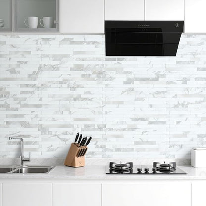 AULIGET 20 Sheets White Stone Peel and Stick Backsplash, PVC Mixed Metal Silver Wall Tile Stick on Backsplash for Kitchen and Bathroom