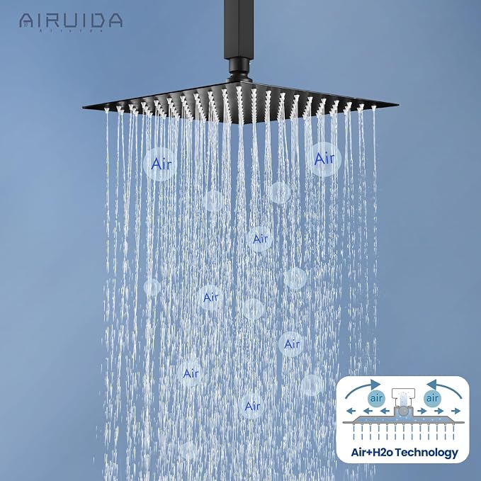 Airuida 10 Inch Matte Black Shower Faucet Set,Rainfall Shower System | Ceiling Shower Head,Male Thread Rough-in Valve,Ceiling Mount,Single Handle