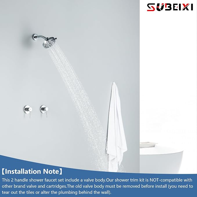 Chrome 2 Handle Shower faucet Set with 8 Mode Shower Head, Two Handles Bathroom Shower Faucet Trim Kit with Brass Rough-in Valve, Wall Mounted