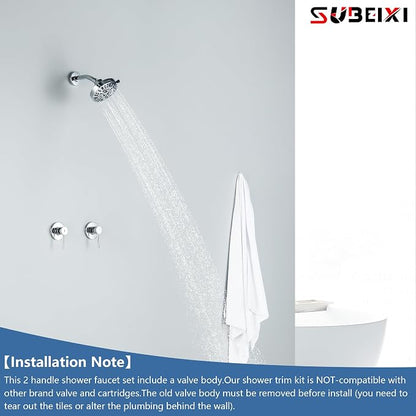 Chrome 2 Handle Shower faucet Set with 8 Mode Shower Head, Two Handles Bathroom Shower Faucet Trim Kit with Brass Rough-in Valve, Wall Mounted