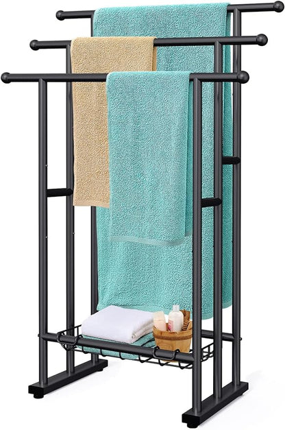 Kayfia 40" H Free Standing Towel Rack, 3 Tier Alloy Steel Stand with Basket, Blanket Drying and Display Rack for Oversized Bath Towels Bathroom Accessories, Next to Tub or Shower