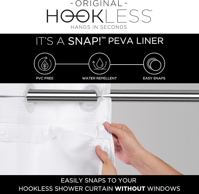 Hookless It's A Snap! Plastic PEVA Snap-In Replacement Shower Curtain Liner for Hookless Curtain with No Sheer Window, 70" x 69", Water-Repellent, Easy Install, Frost