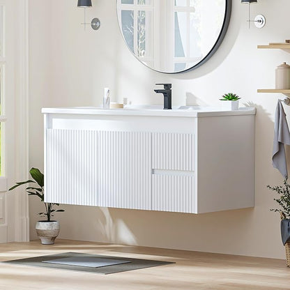 Floating Bathroom Vanity with Sink, 40 Inch Wall Mounted Bathroom Vanity with 2 Drawers and Wave-Carved Design Door, Modern Wooden Cabinet with Ceramic Sink and Storage, White
