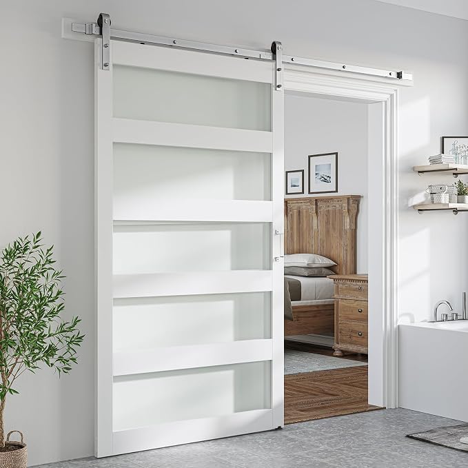 SMARTSTANDARD 48 x 84 in Glass Barn Door with 8FT Silver Sliding Hardware | Brushed Nickel Sliding Hardware Kit & Handle, Pre-Drilled Ready to Assemble, Waterproof PVC Coating, White, 5-Panel Glass