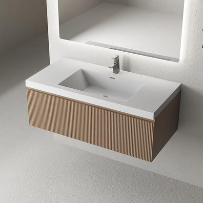 42 Inch Floating Bathroom Vanity with Sink, Wall-Mounted Striped Storage Cabinet with Soft-Close Drawer, Glossy White Solid Surface Basin, Fully Assembled, Natural Oak Finish