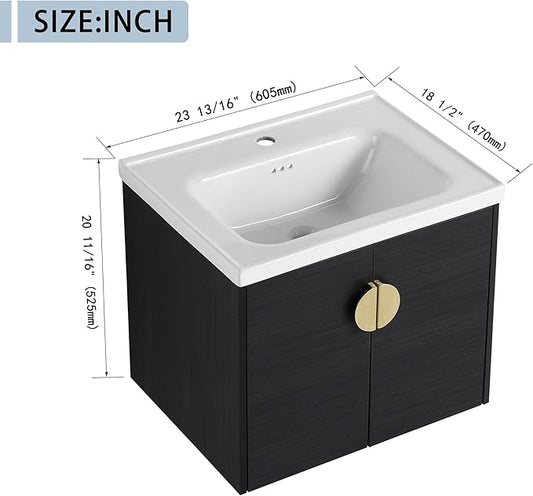 24" Floating Bathroom Vanity with Sink Combo,24 Inch Bathroom Vanity,Single Sink Wall Mounted Vanity Combo,Modern Wall Mounted Cabinet Set with Ceramic Sink,Black