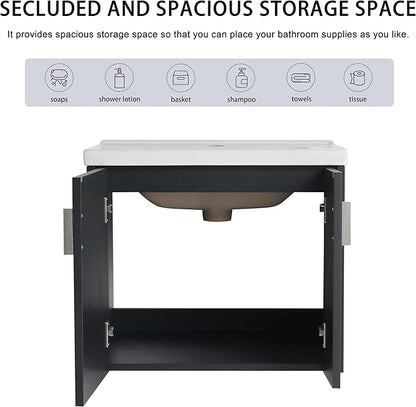 24 Inch Bathroom Vanity with Sink, 24" Floating Vanity with White Glossy Ceramic Sink, Plywood Wooden Bathroom Cabinet with Soft-Close Doors, Modern Wall Mounted Cabinet Set (Blue Black)
