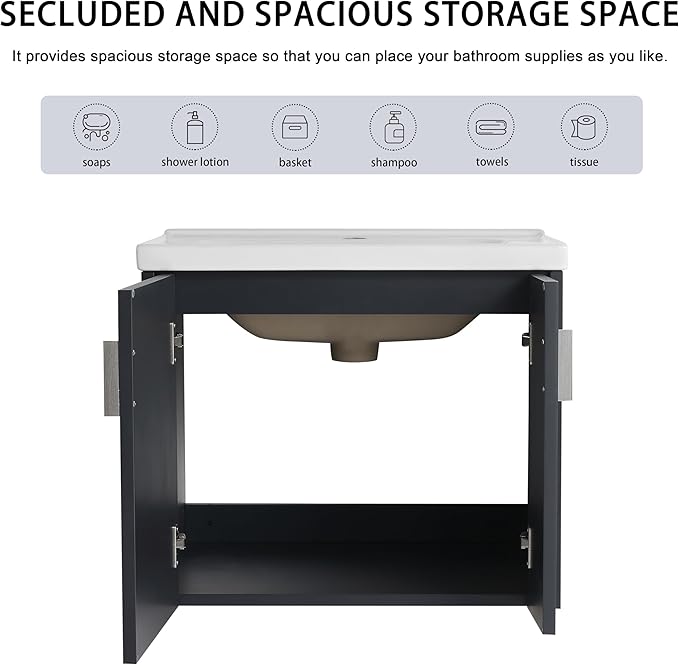 28 Inch Bathroom Vanity with Sink, 28" Floating Vanity with White Glossy Ceramic Sink, Plywood Wooden Bathroom Cabinet with Soft-Close Doors, Modern Wall Mounted Cabinet Set (Blue Black)