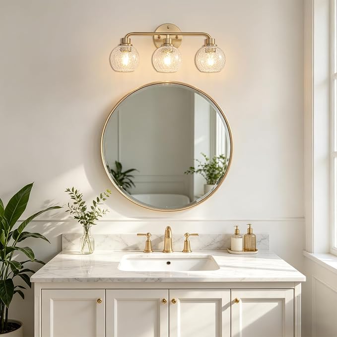 Bathroom Light Fixtures Gold Vanity Light 3 Light Brushed Brass | Wall Sconces Lighting with Crackle Globe Glass Shades Bath Wall Lamp for Mirror Kitchen Living Room Bedroom Hallway