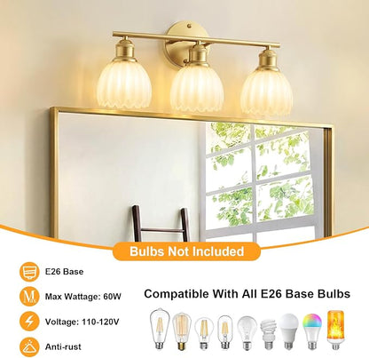 Bathroom Light Fixtures, 3-Light Brushed Gold Vanity Lights for Bathroom with White Tulip Glass Shade, 20" Vintage Bathroom Vanity Lighting Fixtures Over Mirror for Bedroom Living Room Hallway