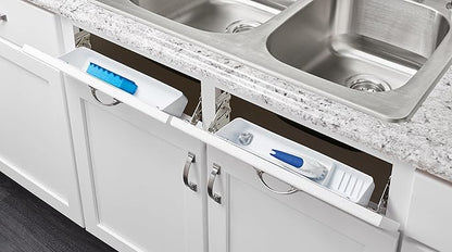 Rev-A-Shelf 14" Tip-Out Plastic Sink Trays for Kitchen and Bathroom Base Cabinet, Pull Out Vanity Shelf Home Organizer, White, 6572-14-11-52