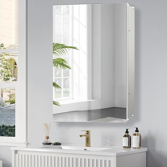 Bathroom Medicine Cabinet with Mirror, 16x20 Inch Small Mirror Cabinet, Assembly Needed, Aluminum Alloy Frame with Mirror, Surface or Recessed Medicine Cabinet with Removable Glass Shelves