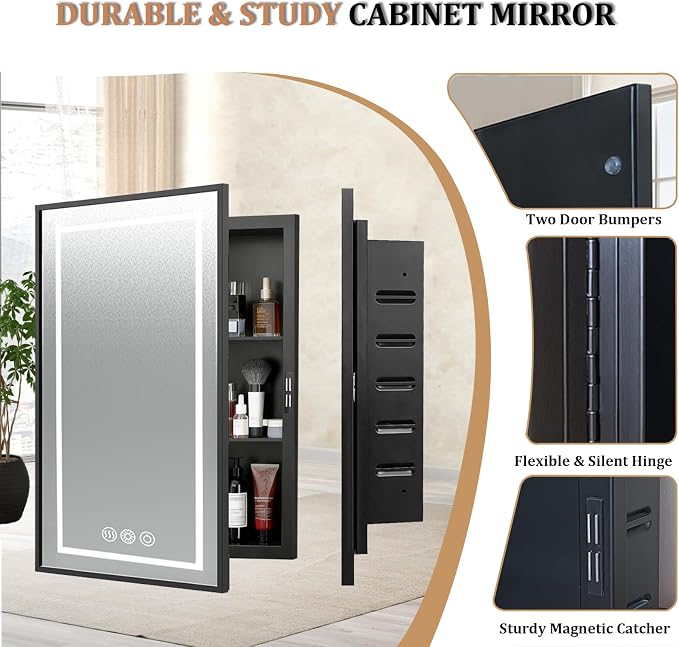 LED Medicine Cabinet Mirror, 22x30 Black Bathroom Storage Cabinet | Anti-fog mirror, Dimmable & 3 color lighting, adjustable shelves, plug in & wall switch, recessed & wall mounted installation