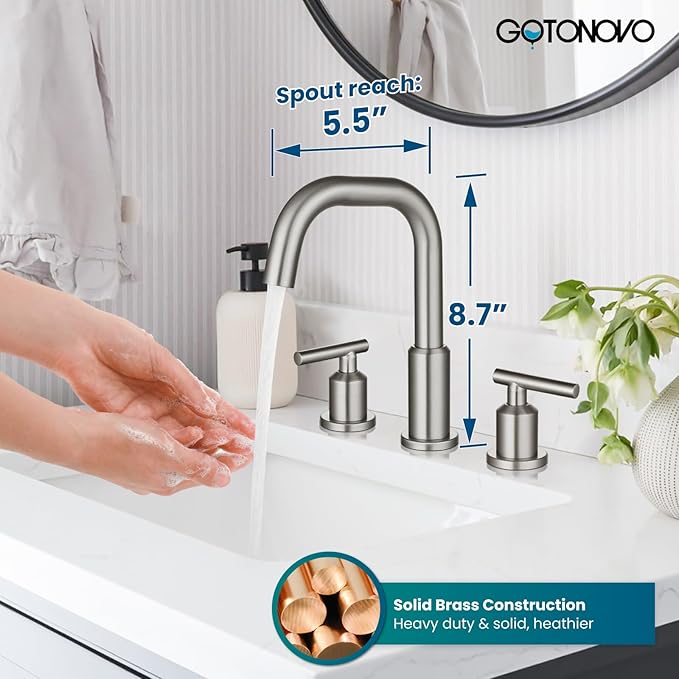 gotonovo 8 Inch Widespread Bathroom Sink Faucet 3 Hole 2 Handles Lavatory Basin with Pop Up Drain with Hot and Cold Mixer Valves Vintage Brushed Nickel
