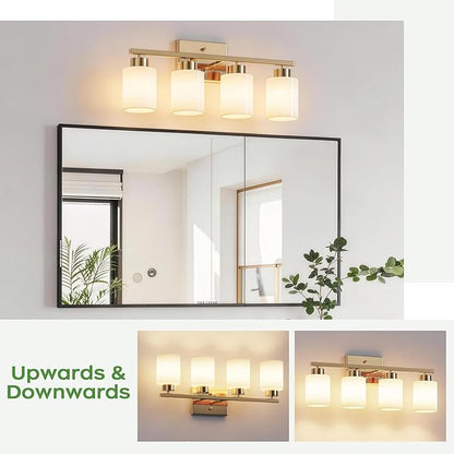 PARTPHONER 4-Light Brushed Gold Bathroom Light Fixtures, Modern Vanity Light Over Mirror Lighting, Wall Sconce with Frosted Milky White Glass Shades for Bedroom Living Room Kitchen Hallway