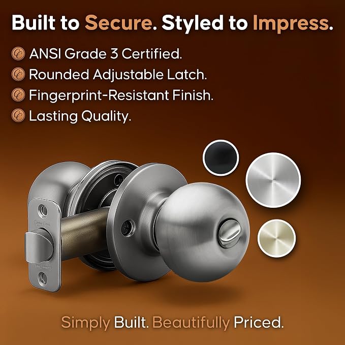 Copper Creek Privacy Interior Door Knob – ANSI Grade-3 Certified, Modern Heavy Duty Handle, Easy Install and Reversible for Bedroom, Bathroom & Closets – Satin Stainless (1 Pack)