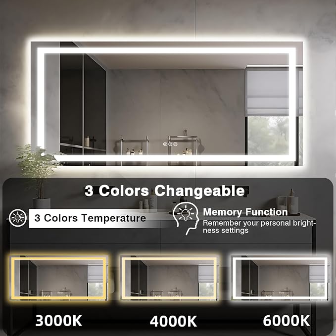 EchosLife Large 84"x40" Light up Bathroom Mirror | Backlit + Front Lit, Anti-Fog, Stepless Dimmable, 3 Colors, Memory, Tempered Glass, UL Listed, Horizontal/Vertical