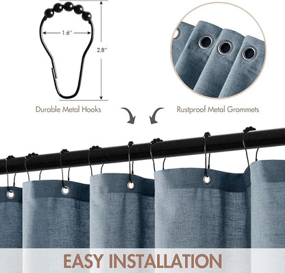MIULEE Dusty Blue Scalloped Linen Shower Curtain 72W x 72L | 12 metal hooks, Linen scalloped, waterproof washable, thick heavy cloth, black border, boho farmhouse, bathroom hotel use