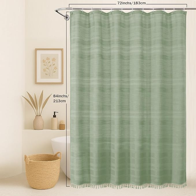 Extra Long Boho Shower Curtain 84 Inch Long, Modern Farmhouse Heavy Duty Linen Textured Soft Fabric, Rustic Country Cloth Shower Curtain with Tassel for Bathroom Hotel, 72Wx84L, Light Green