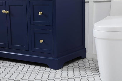 48" Pre-Assembled Bathroom Vanity with Sink, Solid Birch and MDF, Carrara White Marble Countertop Attached, Single Rectangle Porcelain Sink, 6 Soft-Close Drawers, Blue