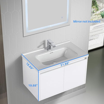 Blossom 32 Inch Wall Mounted Bathroom Vanity with Sink | Floating Wood Vanity Cabinet | Modern Soft-Close Doors & Storage | Ceramic Basin | Space-Saving Design (Glossy White, 32'' Ceramic Sink)