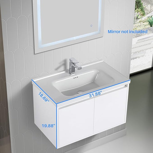 Blossom 32 Inch Wall Mounted Bathroom Vanity with Sink | Floating Wood Vanity Cabinet | Modern Soft-Close Doors & Storage | Ceramic Basin | Space-Saving Design (Glossy White, 32'' Ceramic Sink)