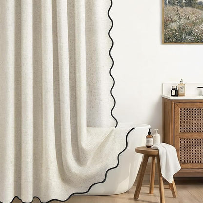 Scalloped Shower Curtain Linen Boho Flax Cream 72" W x 90" L | Linen Fabric, Black Border, Washable, Heavy Duty Cloth, Shower Curtain for Boho Farmhouse Bathroom Bathtub