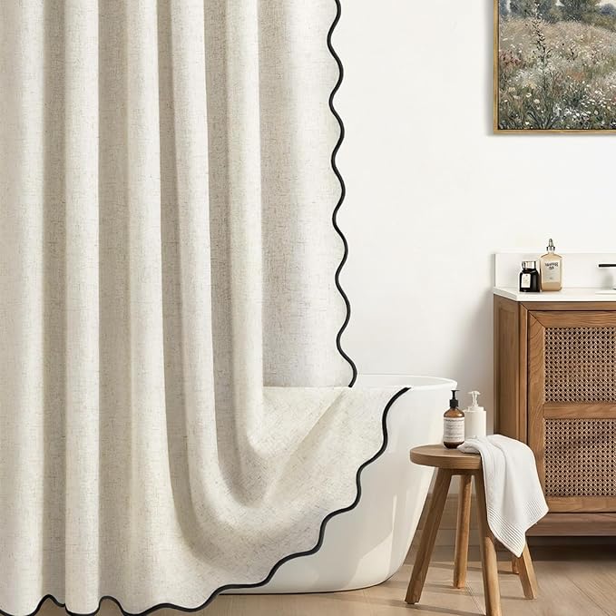 Scalloped Shower Curtain Linen Boho Flax Cream 72" W x 78" L | Linen Fabric, Black Border, Washable, Heavy Duty Cloth, Shower Curtain for Boho Farmhouse Bathroom Bathtub