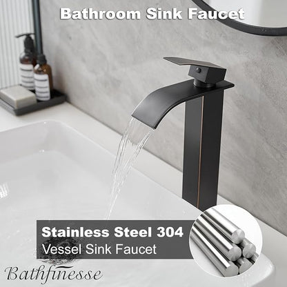 Bathroom Faucet Oil Rubbed Bronze, Bathfinesse Faucet for Bathroom Sink 1 Hole One Handle Deck Mount Veseel Sink Bowl with Pop-up Drain Stopper and Supply Hoses