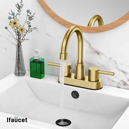 Gold Bathroom Faucet, Brushed Gold Bathroom Faucet, Gold Faucets for Bathroom Vanity, 4 Inch 2 Handle Centerset, Lead-Free, with Copper Pop Up Drain (Brushed Gold)