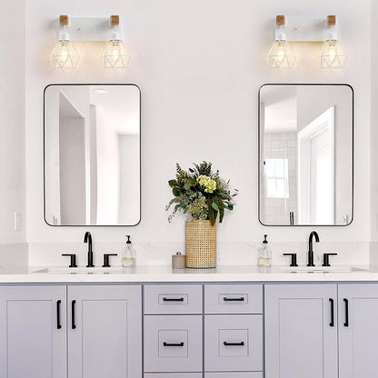 maesta 2 Light Bathroom Vanity Light, Farmhouse White Fixture Over Mirror | Farmhouse Bathroom Light Fixtures, Wood & Metal, Anti-Rust Easy to Install for Rustic Bathroom Hallway