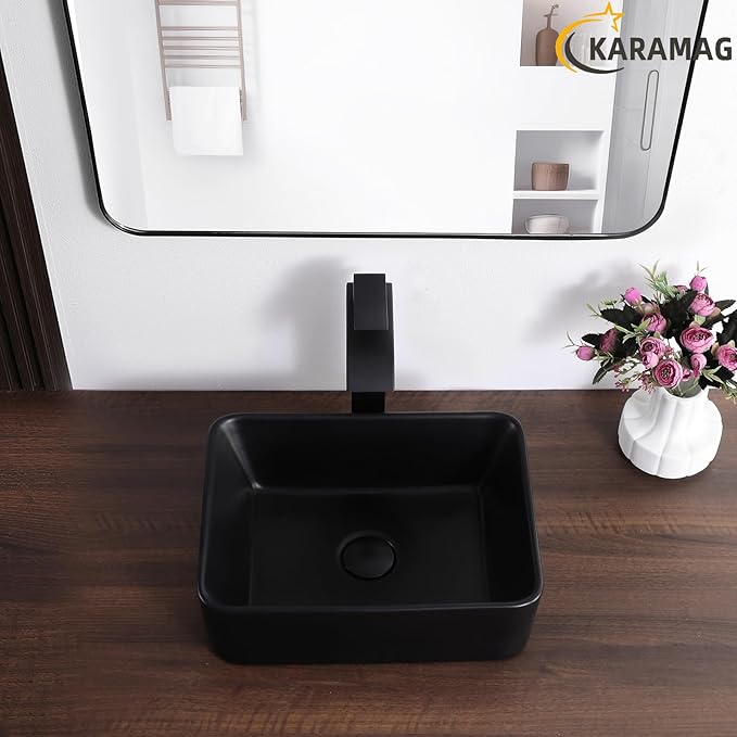 Black Vessel Sink Rectangle 16"x12" Bathroom Sink Rectangular Modern Above Counter 16 Inch Small Bathroom Sinks Matte Black Porcelain Ceramic Vessel Vanity Sink Art Basin