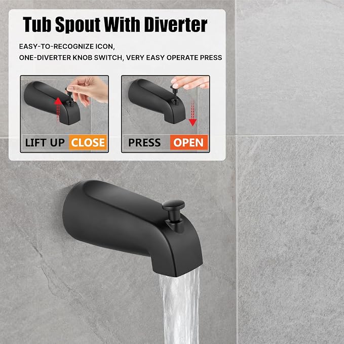 Heyalan 8 Inch Shower Faucet Set with Tub Spout and Valve,Matte Black | 8-inch square rainfall head, tub spout with diverter, male-thread rough-in valve, single-handle control and wall-mount design