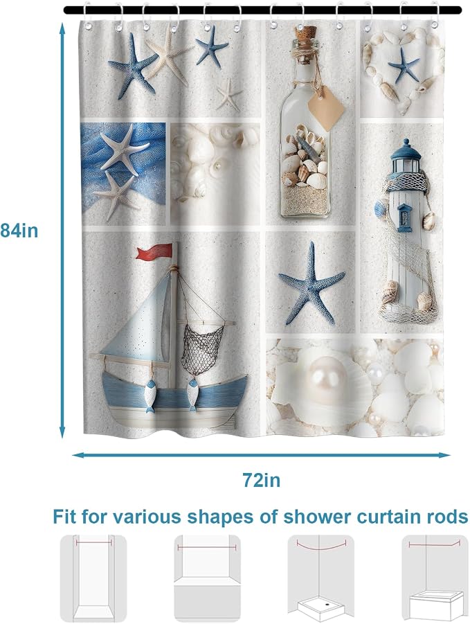 Beach Extra Long Shower Curtain Modern Ocean Nautical Summer Theme Fabric Nature Summer Bathroom Decor Sets with Grommets and Hooks 72 W x 84 H Inches Blue and White