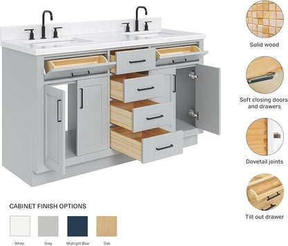ARIEL Hepburn 60-inch Bathroom Vanity with Sink,Solid Wood, 1.5-inch Carrara White Quartz Countertop & Backsplash, Double Rectangular Porcelain Sink, 4 Soft Closing Doors, 6 Dovetail Drawers, Grey