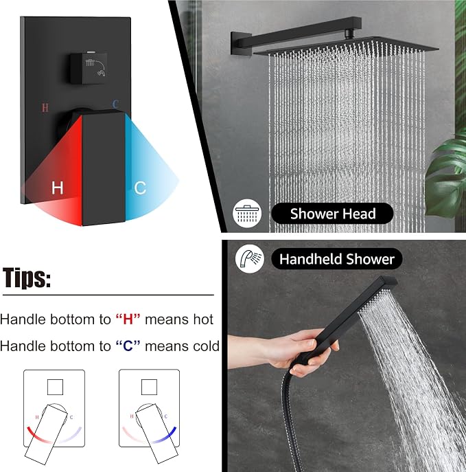 Midanya Shower Faucet Set with Handheld Sprayer,16 Inch,Matte Black | Rough-in Shower Valve and Trim Kit Included,Square Rain Head,Wall Mount Shower System,All Metal,Bathroom